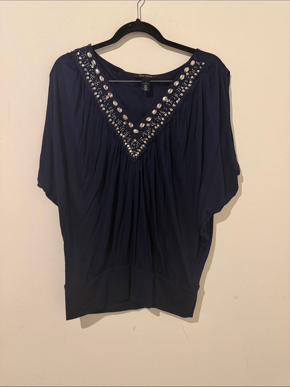 White House Black Market Navy Embellished V-Neck Tunic